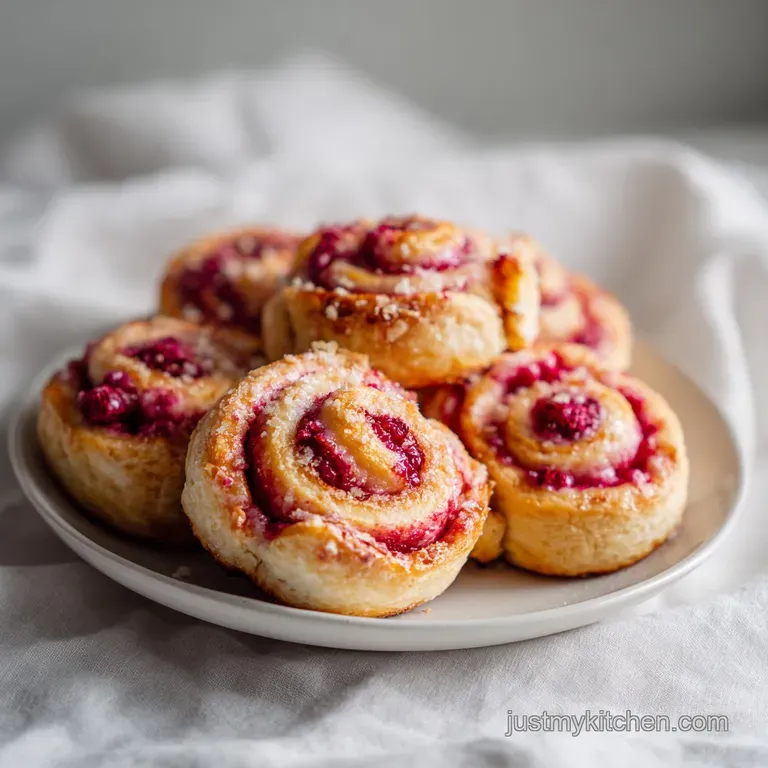A single, warm raspberry sweet roll on a white plate, glaze dripping down. Fresh raspberries provide a pop of red.