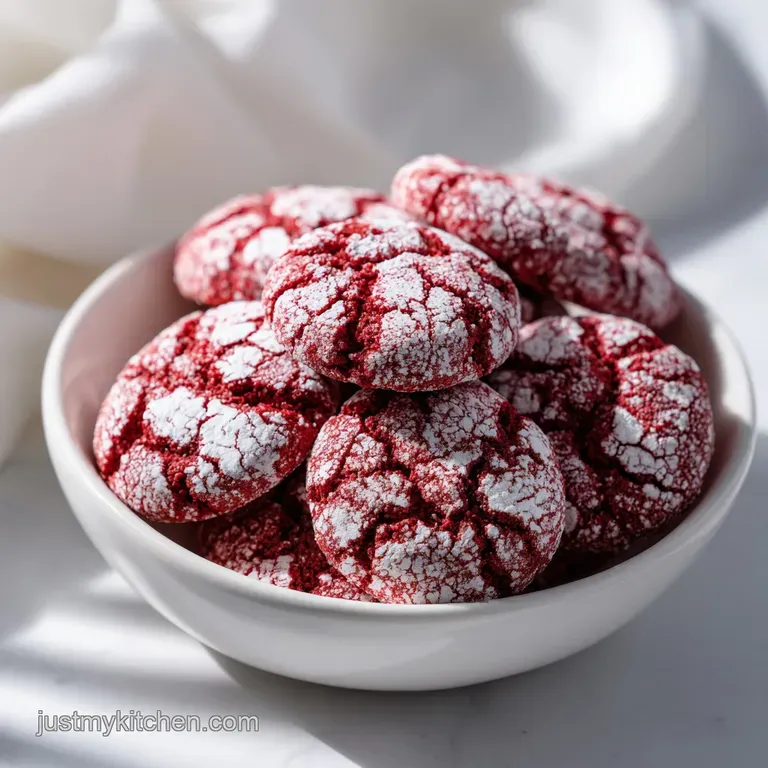 A stack of crimson cookies dusted in white sugar, arranged on a matte black plate with a sprig of fresh mint.