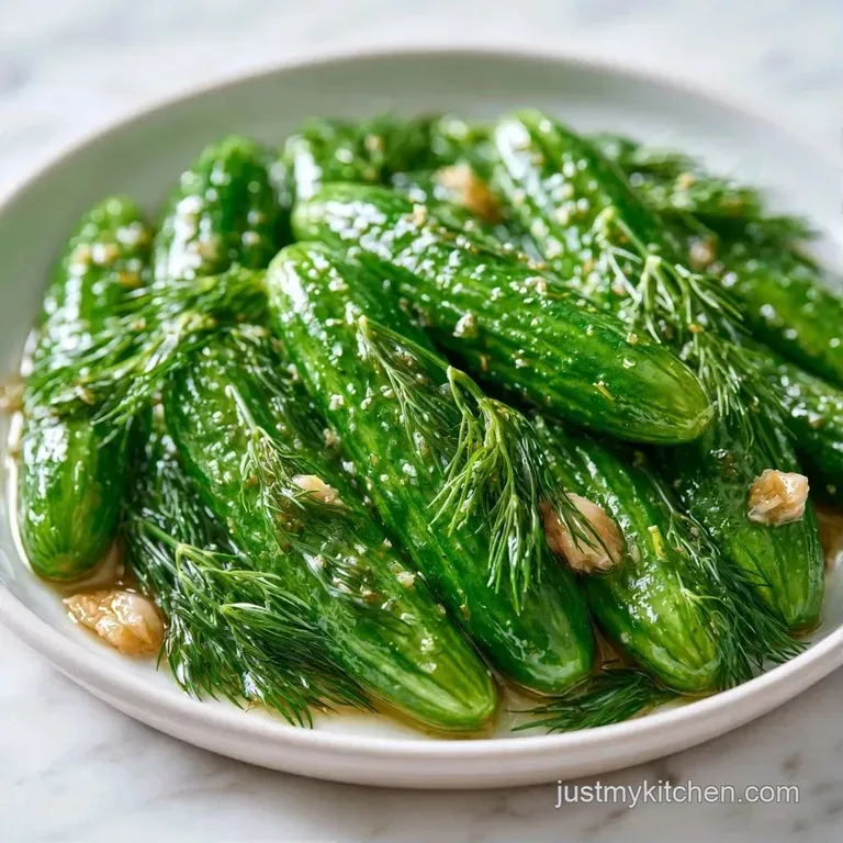 Neatly sliced green pickle coins stacked on a minimalist white plate, garnished with a fresh, bright dill sprig.