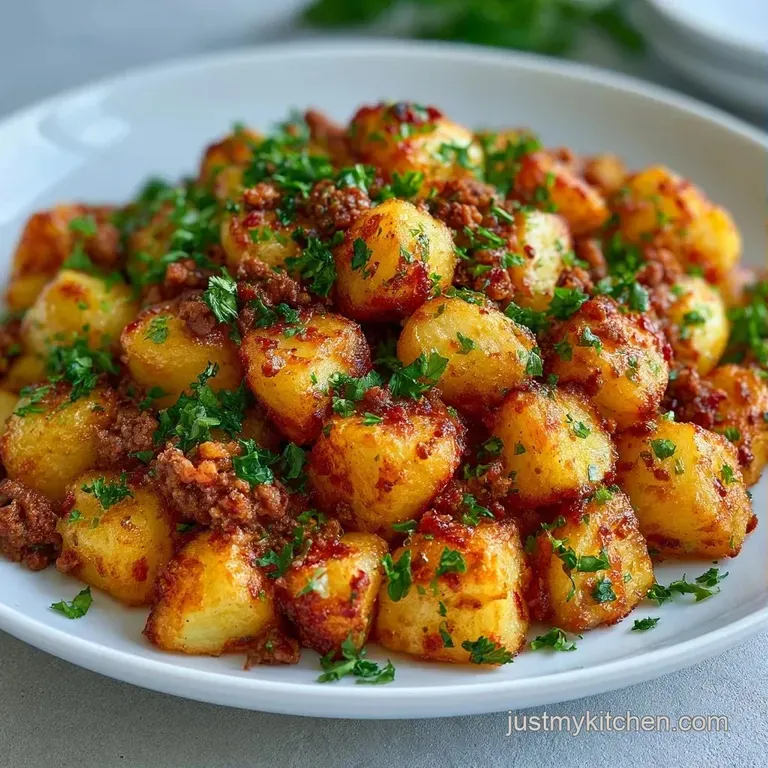 Sliced beef and crispy potatoes served on a white ceramic plate, garnished with a sprig of fresh green parsley.