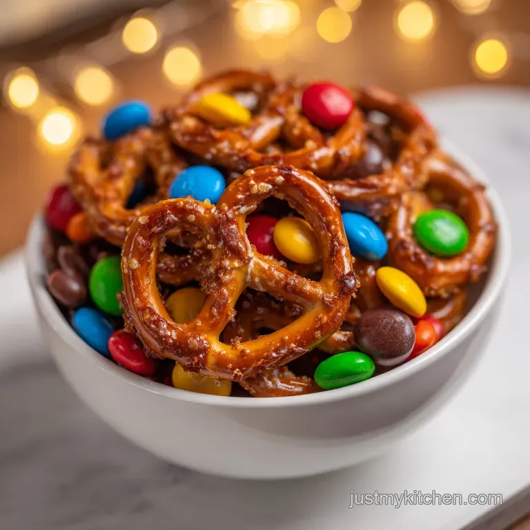 A neat row of pretzel bites: shiny caramel, milk chocolate, and candy-coated chocolates arranged on a white plate.