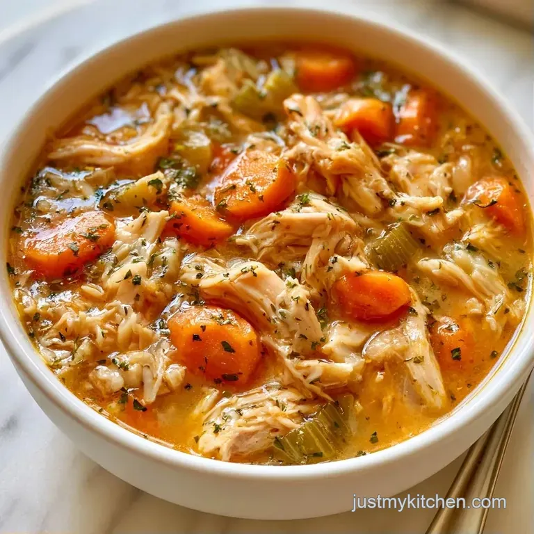 Steaming ceramic bowl of golden chicken soup served with a crusty piece of toasted sourdough bread on the side.