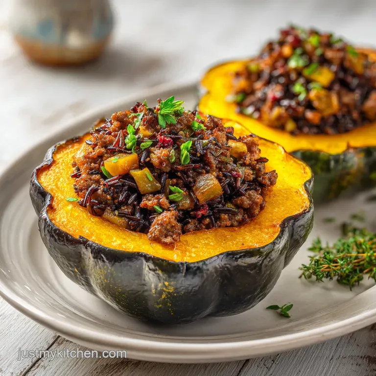Sliced roasted squash filled with savory browned meat and fresh herbs, garnished with parsley on a white plate.