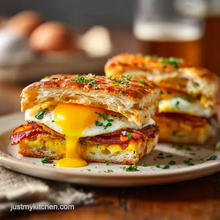 Stacked breakfast sandwich halves showing layers of crispy bacon, fluffy eggs, melted cheese, and soft toasted bread on a ...