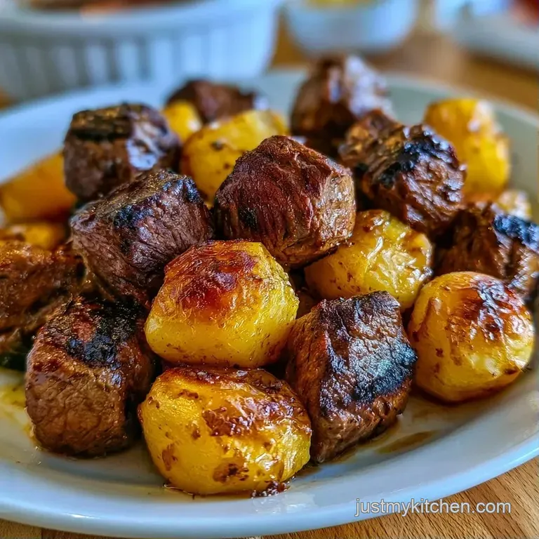 Sliced juicy medium-rare beef beside crispy roasted potato wedges, garnished with parsley on a white ceramic plate.