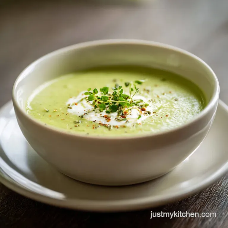 Elegant bowl of bright green zucchini soup topped with fresh herbs and a drizzle of cream, staged with rustic linen and wood.