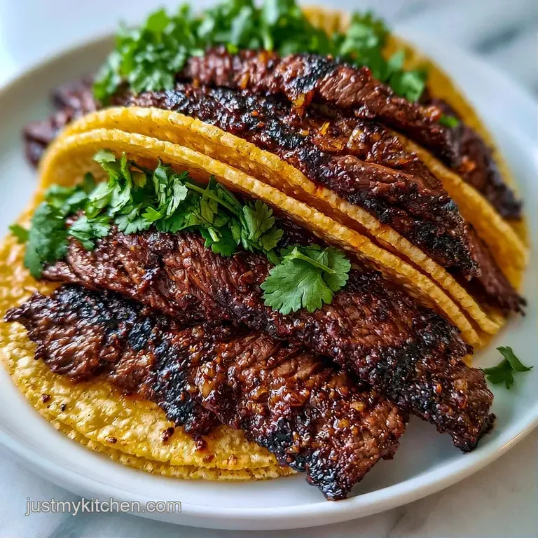 Platter of charred beef tacos topped with bright red onions, fresh cilantro, and lime wedges on a dark slate board.