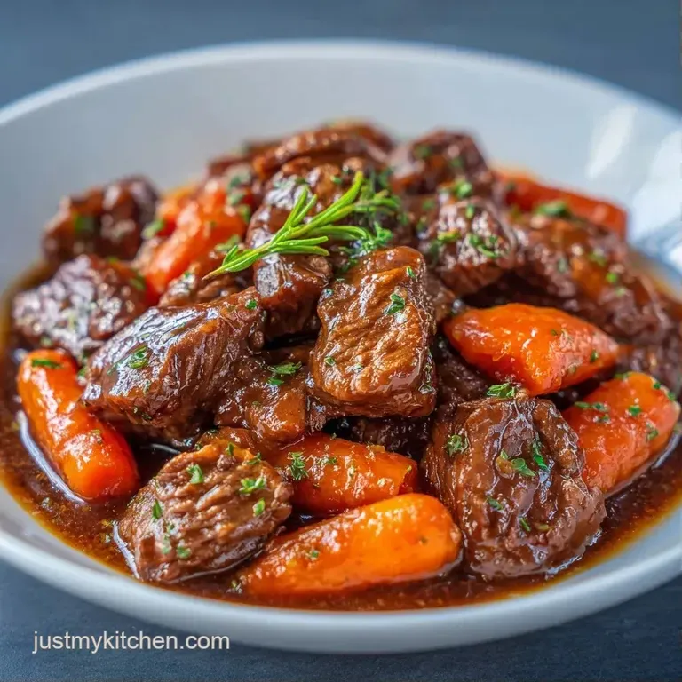 A portion of tender beef and root vegetables plated neatly with a glossy brown sauce and a sprig of fresh parsley.