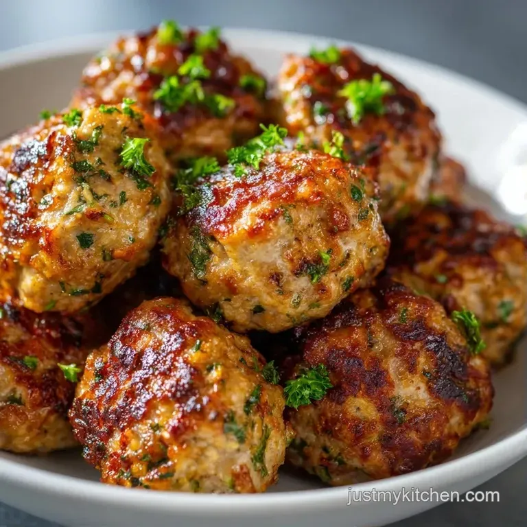 Glazed brown meatballs neatly arranged on a white plate, finished with melted parmesan and a pop of fresh greenery.