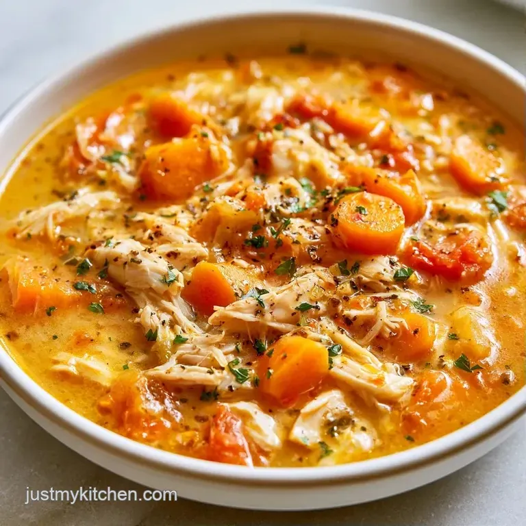 A white ceramic bowl filled with golden broth, tender chicken, and vibrant garden vegetables topped with fresh parsley.