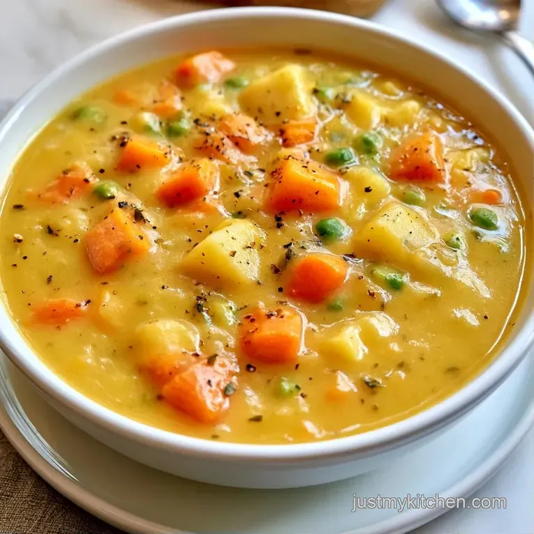 A white ceramic bowl of thick vegetable soup topped with a swirl of cream and a sprig of fresh green parsley.