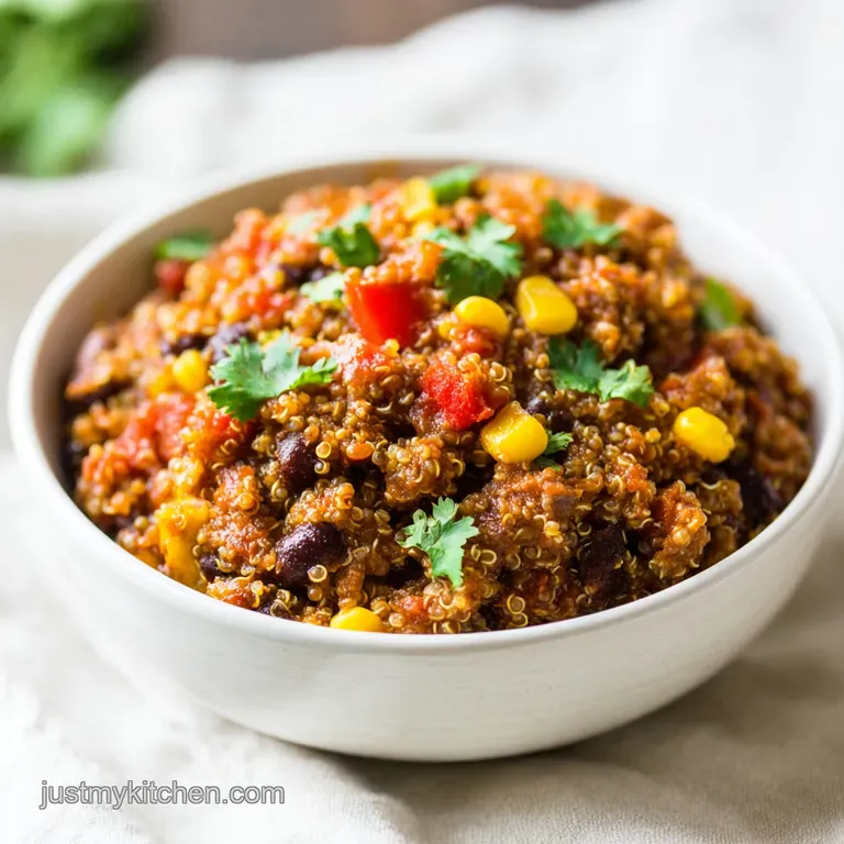 Steaming portion of cheesy enchilada quinoa, garnished with sour cream and cilantro, showcasing fluffy texture and vibrant...