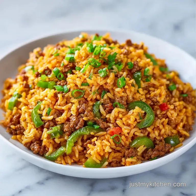 A white ceramic bowl filled with vibrant yellow rice, tender beef, and bright green peas, topped with fresh cilantro.