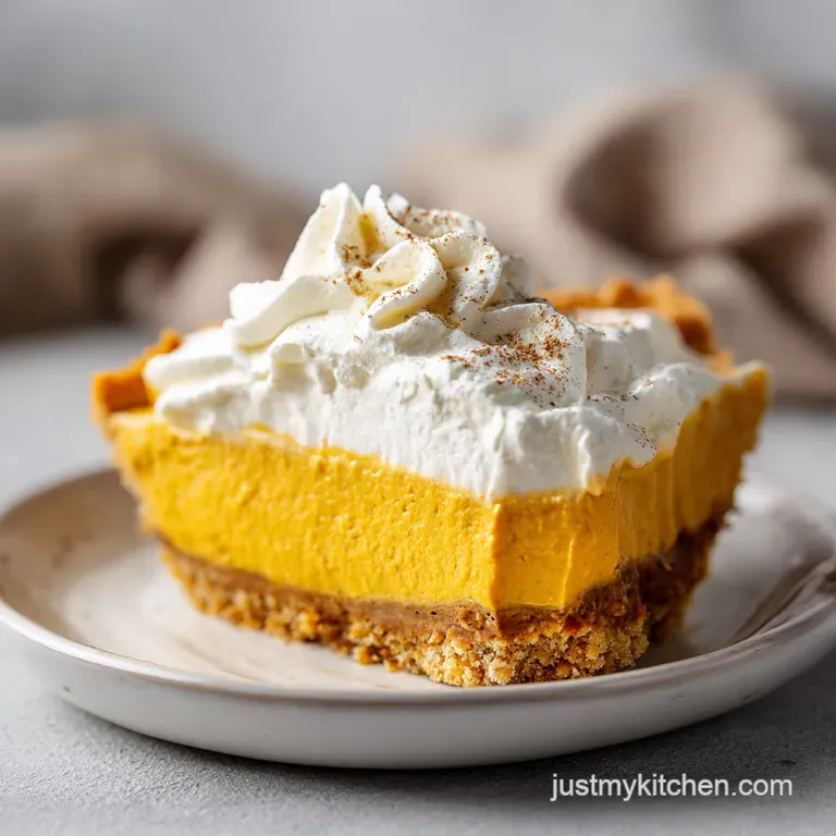 A generous slice of creamy pumpkin cheesecake, topped with whipped cream and a caramel drizzle