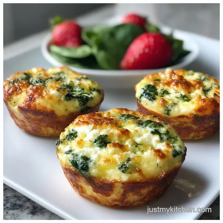 Two spinach feta egg bites, their tops a light golden brown, rest on a white plate. Garnished with fresh herbs for a pop o...