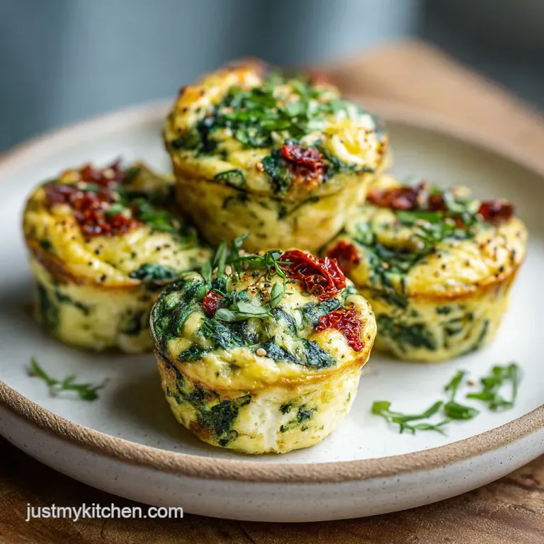 Two fluffy spinach and feta egg muffins on a white plate. Bright green herbs add freshness. Ready to eat!