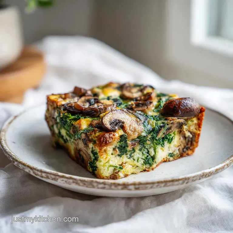A neat slice of breakfast casserole, revealing layers of cooked spinach and tender mushrooms, served with toast.