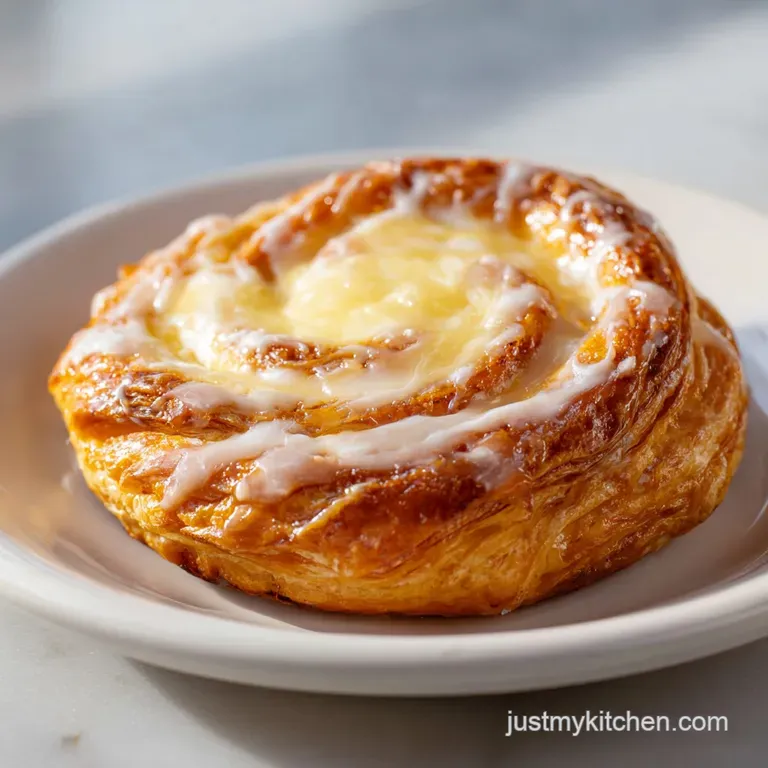 A glazed cheese danish is displayed on a pristine white plate, highlighting the pastry's soft, layered texture and rich co...