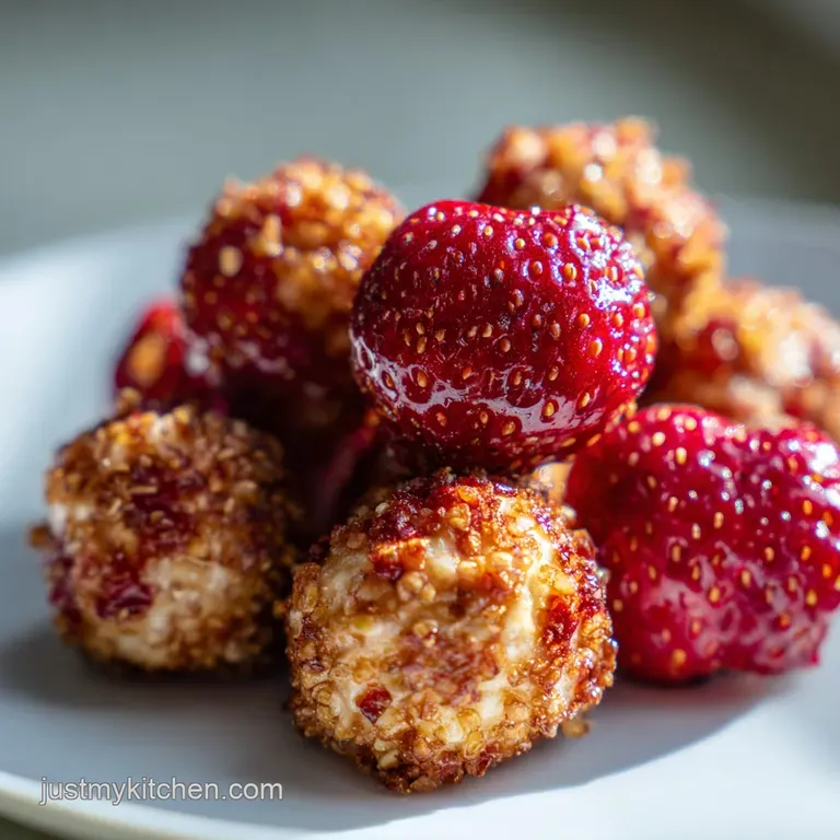 Three no-bake strawberry bites, neatly stacked on a plate, highlighting the creamy filling and crumbled, textured exterior.