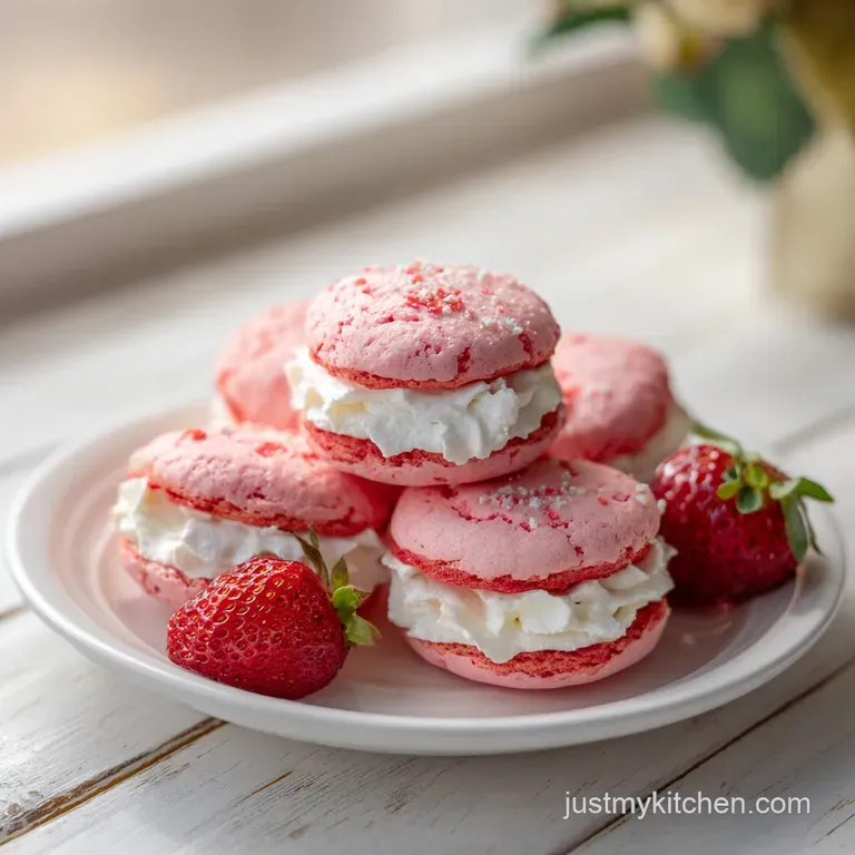 A single pink strawberry cookie on a delicate plate, powdered sugar glistening, showcasing a slightly cracked surface and ...