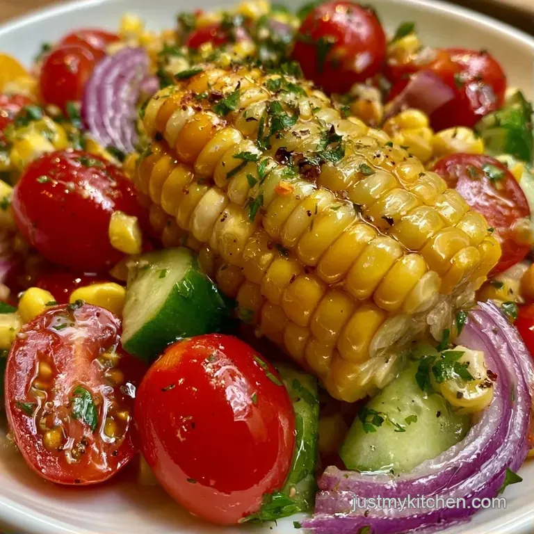 Bright corn salad in a rustic bowl with a wooden spoon and fresh lime wedges resting on a light linen tablecloth.