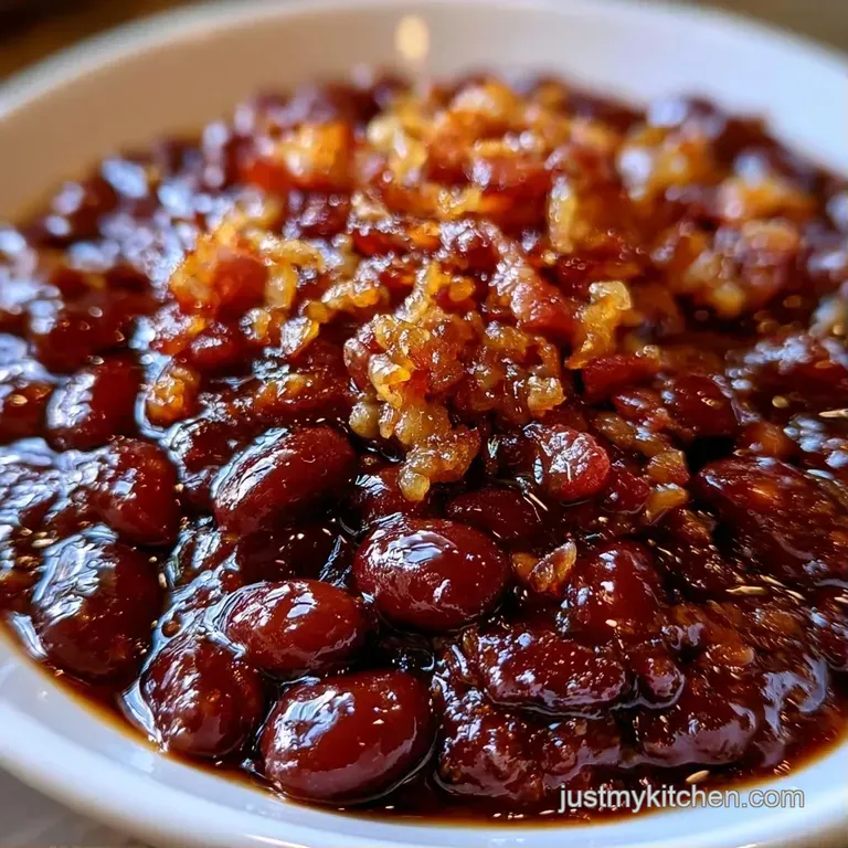 Rich brown beans in a white ceramic bowl topped with crisp bacon lardons and a sprinkle of fresh green parsley.