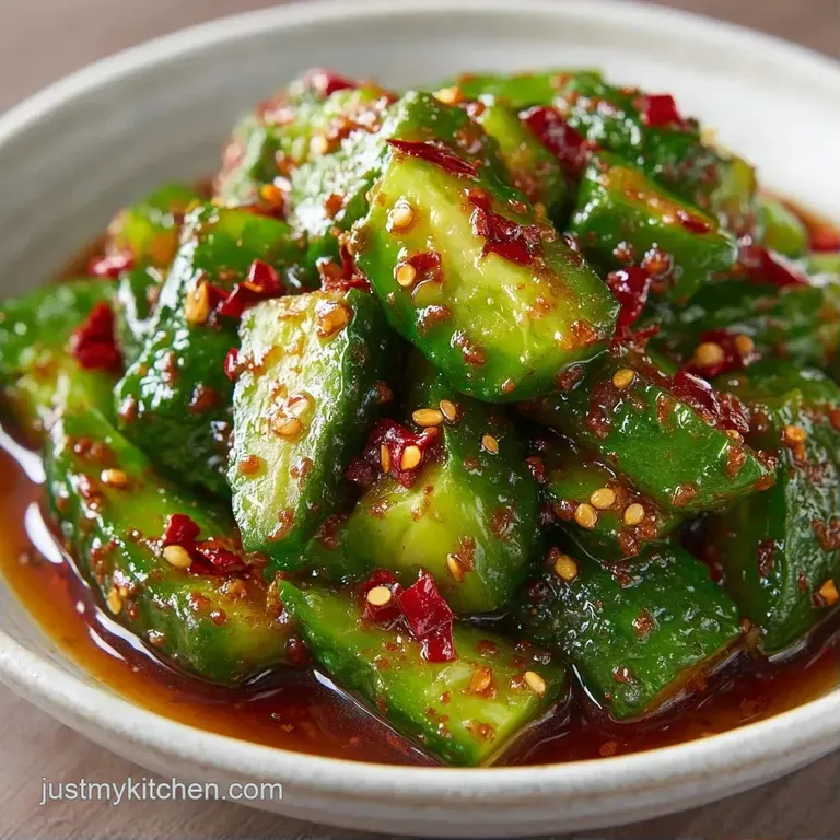 Thinly sliced cucumbers arranged in a neat pile on a white ceramic plate, drizzled with syrup and red pepper flakes.