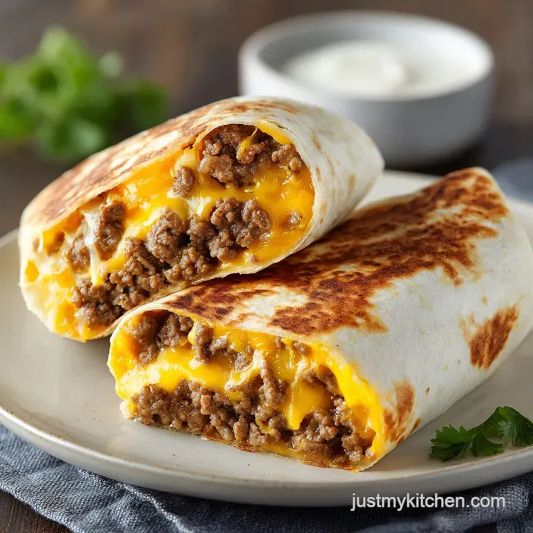 Sliced toasted wrap revealing layers of savory beef and melted cheese, served on a matte black plate with lime.