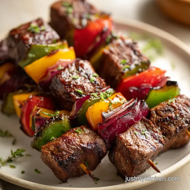 Tender steak and crisp potato skewers glistening on a white plate with fresh herbs.