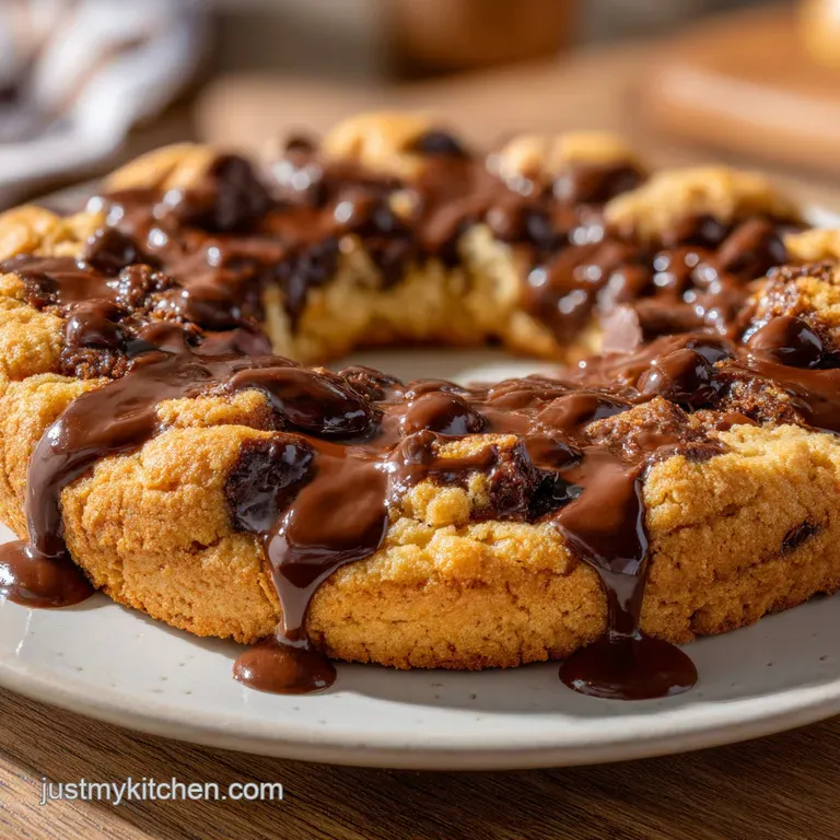 A thick slice of warm cookie resting on a white plate, topped with a scoop of melting vanilla bean ice cream.