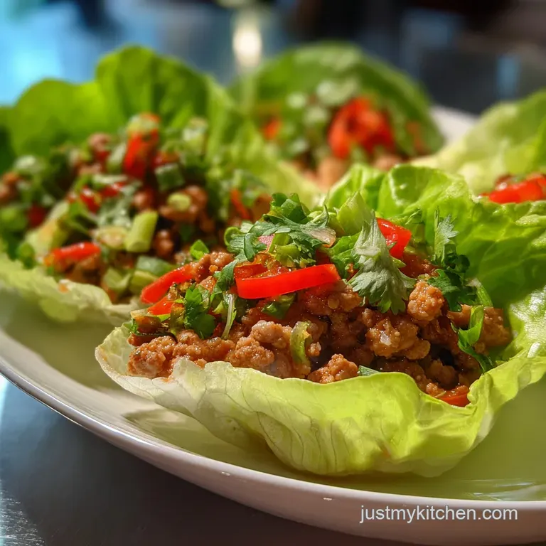Stacked lettuce wraps spilling with seasoned turkey, colorful salsa, and a drizzle of creamy sauce on a white plate.
