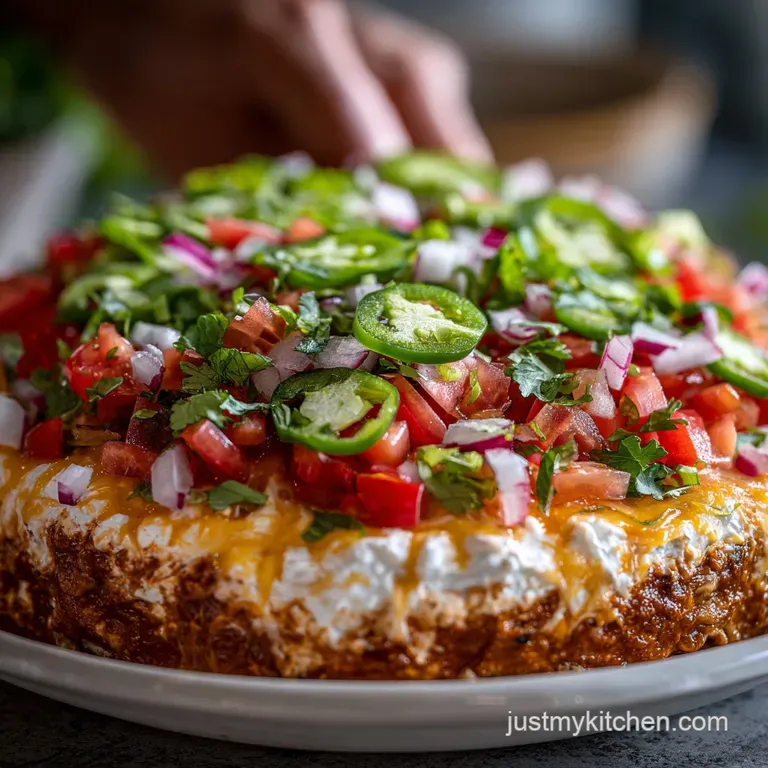 Individual clear glasses filled with layered taco dip. Garnished with cilantro sprigs and served with crisp tortilla chips.