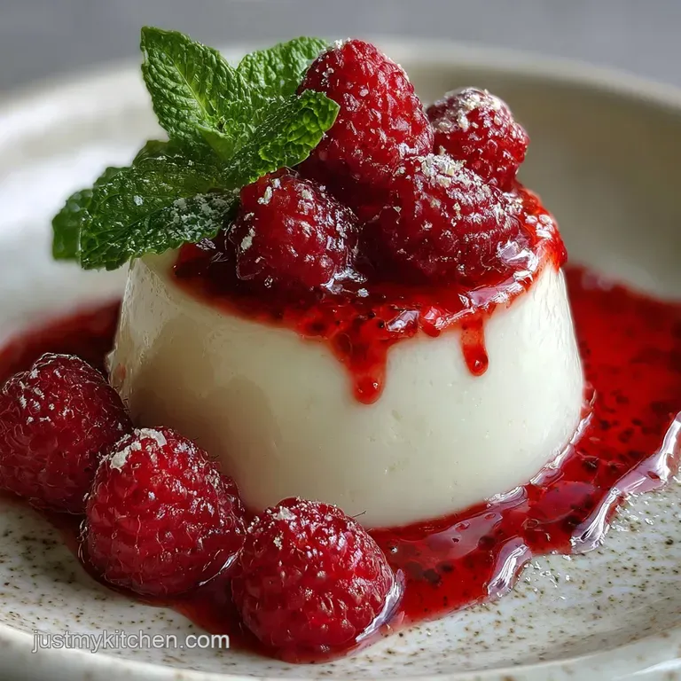 Elegant white ramekin filled with jiggly vanilla panna cotta. Red raspberry coulis glistens, and bright green mint adds a ...