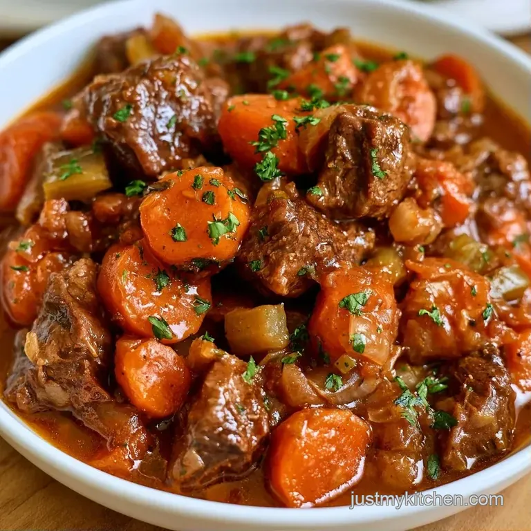 A white ceramic bowl of rich brown stew with vibrant vegetables, topped with a sprig of fresh parsley and cracked pepper.