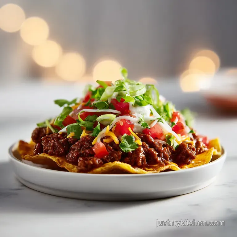 A colorful mound of seasoned beef, shredded lettuce, and cheese artfully served in a bowl.