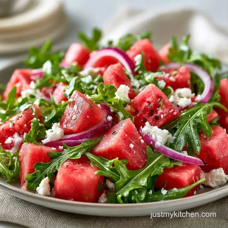 Cubes of vibrant red fruit and snowy white cheese accented by mint leaves in a shallow ceramic serving bowl.