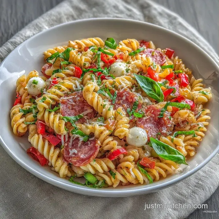 Vibrant pasta salad served in a white ceramic bowl, topped with fresh parsley and glistening with herb vinaigrette.