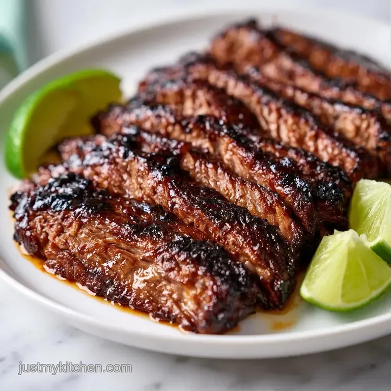Charred meat slices fanned out on a rustic slate platter, paired with vibrant green herbs and roasted garlic.