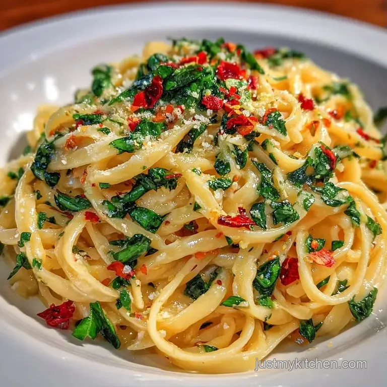 Elegant swirl of pasta garnished with a thin lemon wheel and fresh herbs on a modern, wide-rimmed white plate.