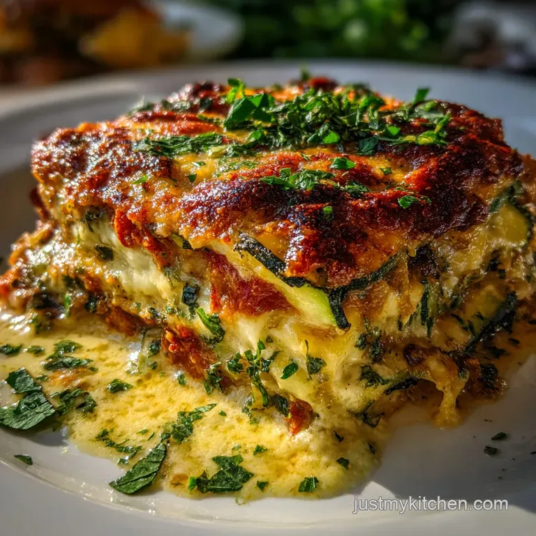 Slice of zucchini lasagna with ricotta filling, presented on a white plate. Topped with fresh basil and a drizzle of olive...
