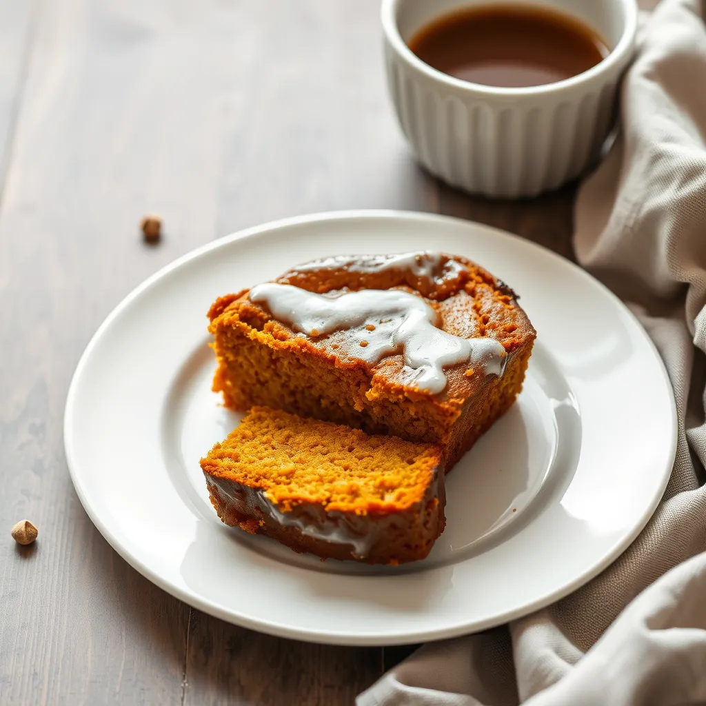 A loaf of moist pumpkin bread sliced to reveal its rich, spiced interior, garnished with pumpkin seeds and served on a wooden cutting board.