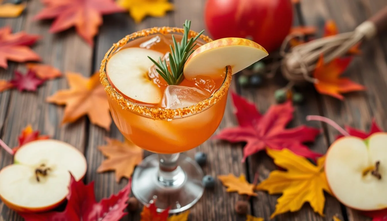 A vibrant fall margarita served in a salt-rimmed glass, garnished with a cinnamon stick and a slice of apple, with autumn leaves in the background.