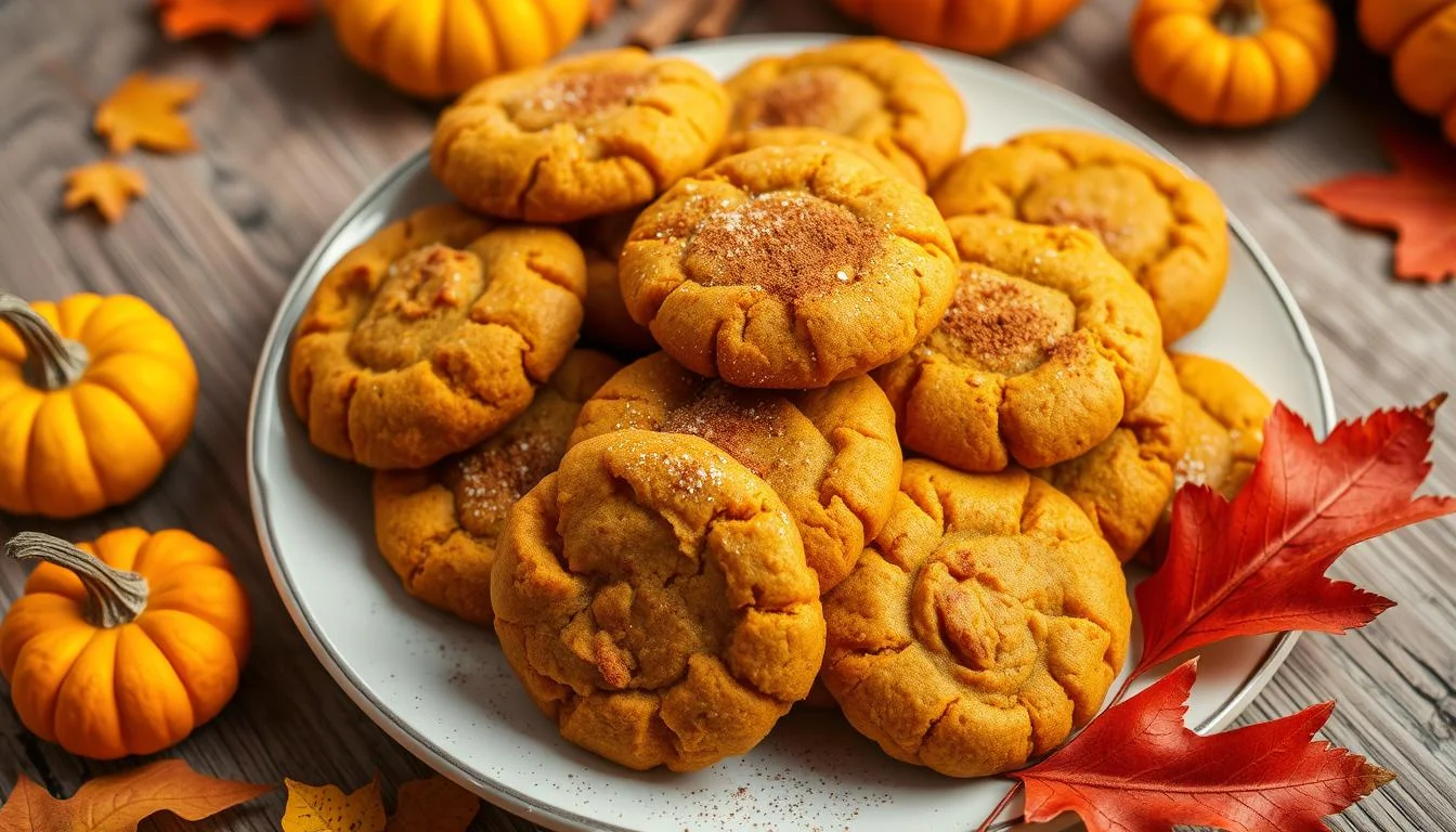 A plate of soft pumpkin cookies topped with a drizzle of icing and a sprinkle of cinnamon, surrounded by autumn leaves.