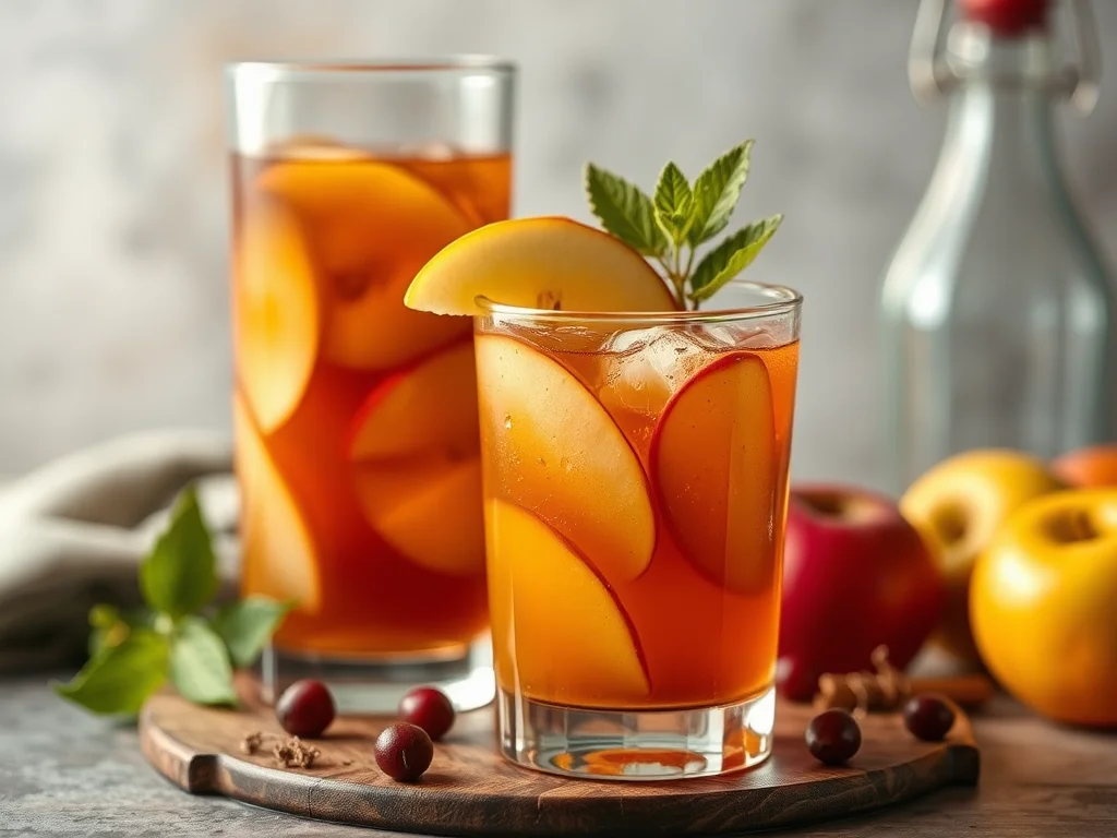 A glass of caramel apple sangria garnished with fresh apple slices, orange wedge, cranberries, and a sprig of mint, surrounded by whole apples.