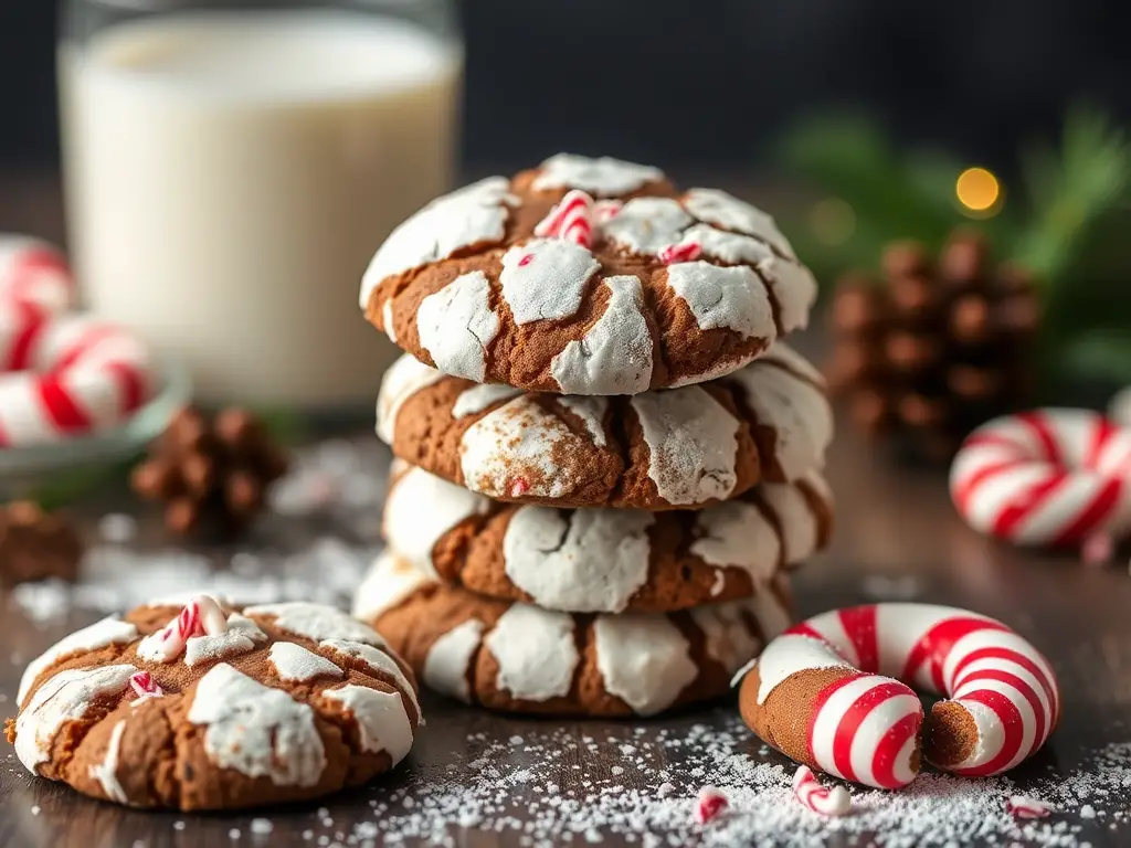 A plate of peppermint mocha crinkle cookies dusted with powdered sugar, featuring a rich chocolate color and festive red and green sprinkles.