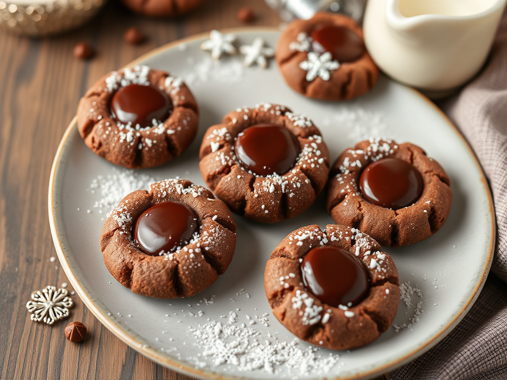 A tray of hot chocolate thumbprint cookies filled with gooey chocolate ganache and topped with mini marshmallows, dusted with cocoa powder.