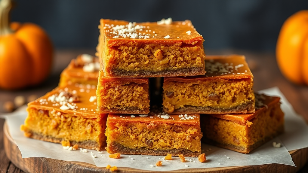 A plate of delicious pumpkin bars topped with cream cheese frosting and garnished with a sprinkle of cinnamon and pumpkin seeds.