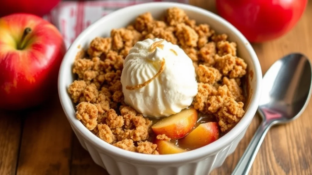 A warm serving of apple crisp topped with a scoop of vanilla ice cream, featuring golden brown oat topping and tender baked apples.