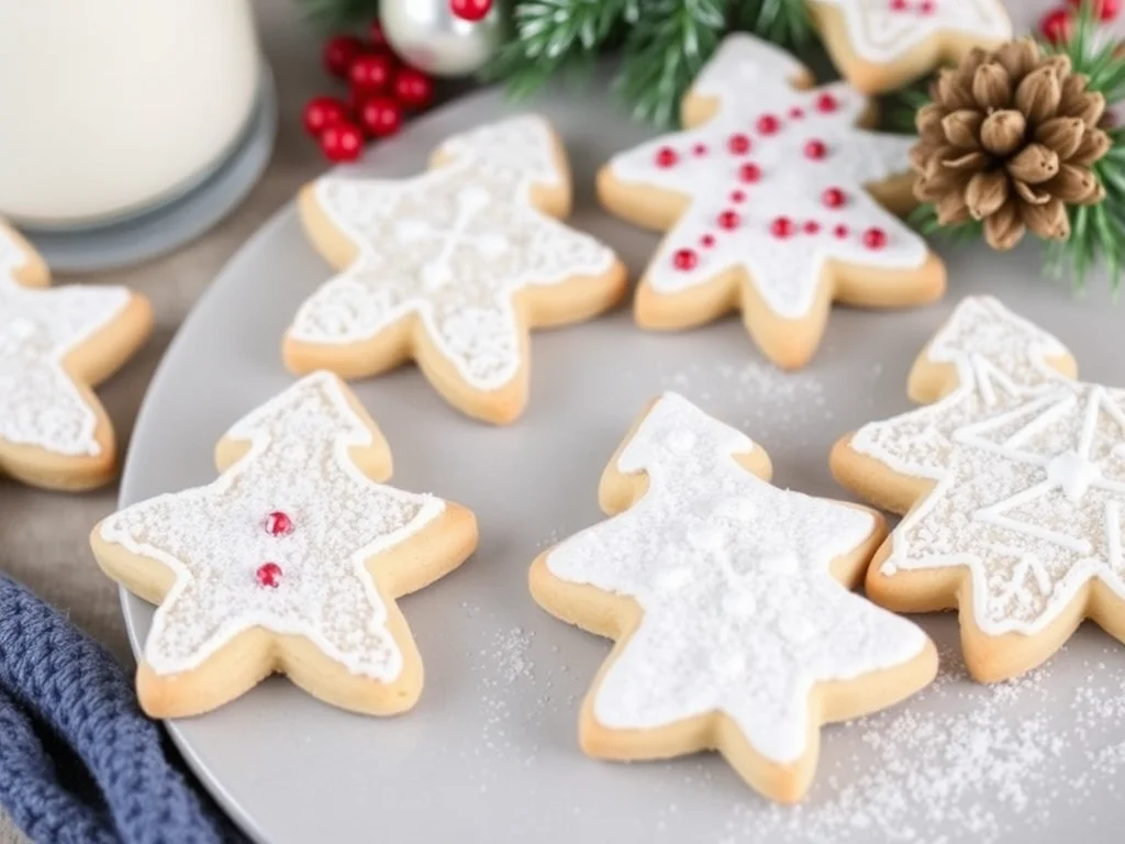 A batch of sugar Christmas cookies without baking powder, cut into holiday shapes, decorated with colorful icing, and arranged on a festive plate.