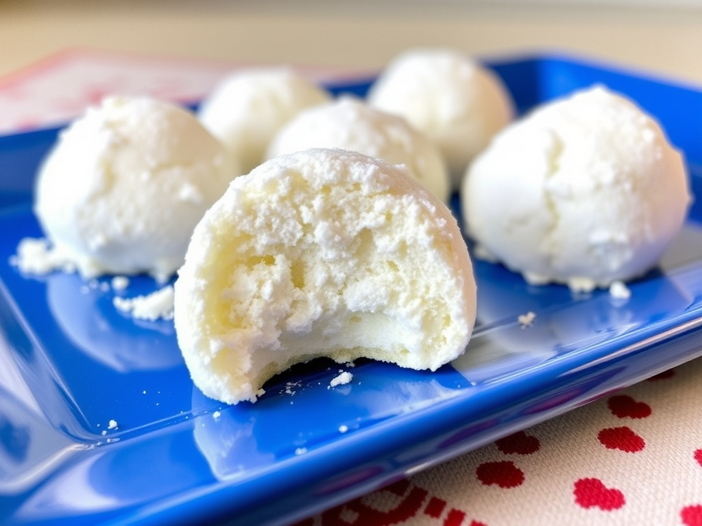 A plate of classic snowball cookies coated in powdered sugar, with a crumbly, buttery texture and a festive wintery appearance.